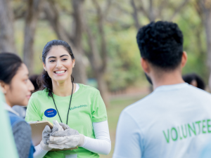 Volunteer wearing an oval name tag